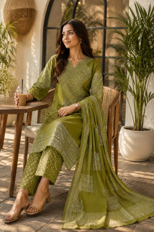 Green Bandhani Print Cotton Kurti Palazzo Dupatta Set