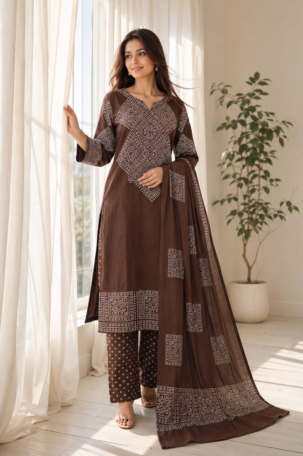 Brown Bandhani Print Cotton Kurti Palazzo Dupatta Set