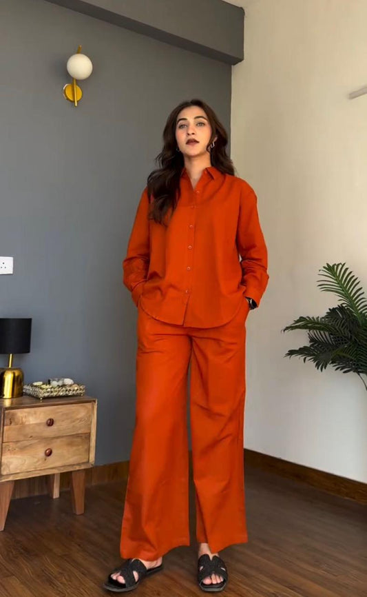 Rust Orange Pure Cotton Coord Set | Shirt & Wide Leg Pant