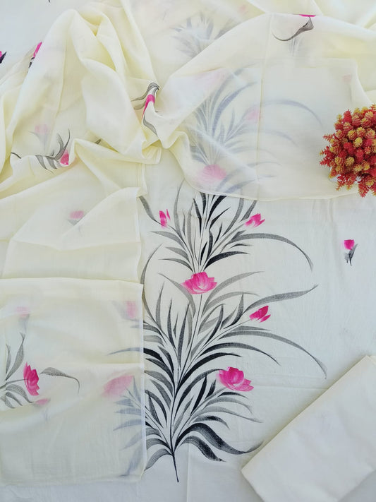 Off White Floral Printed Cotton Suit Set with Artistic Design | Summer Wear (MVCOT71)