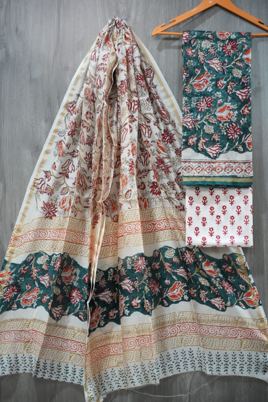Teal Green & Rust Orange Tulip Floral Hand Block Print Chanderi Silk Dress Material (MVCHS49)