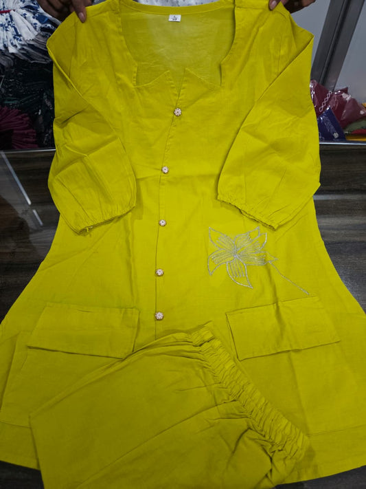 Chic Lime Yellow Cotton Co-ord Set | Embroidered Floral Summer Outfit
