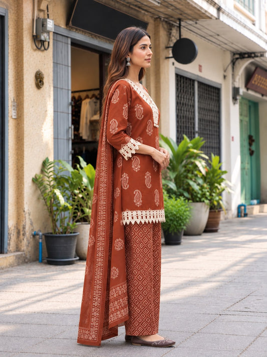 Rust Brown Printed Cotton Kurta Palazzo Set for Women