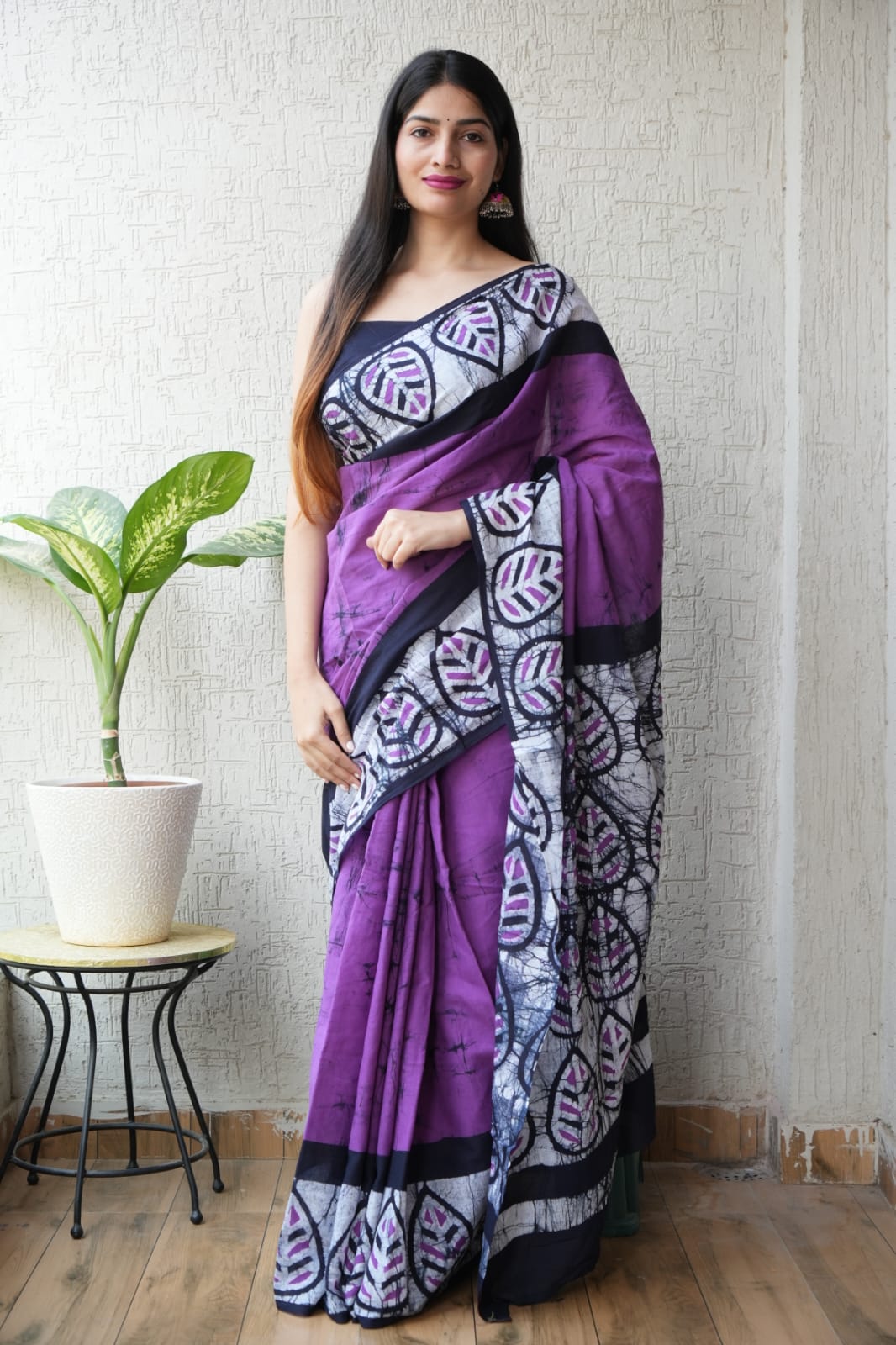 Purple Black Designer Hand Block Printed Cotton Saree with Blouse (MVCS86)
