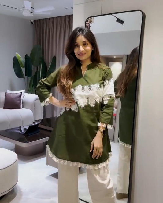 Olive Green Cotton Shirt with Embroidered Jute Jacket & Pant Set