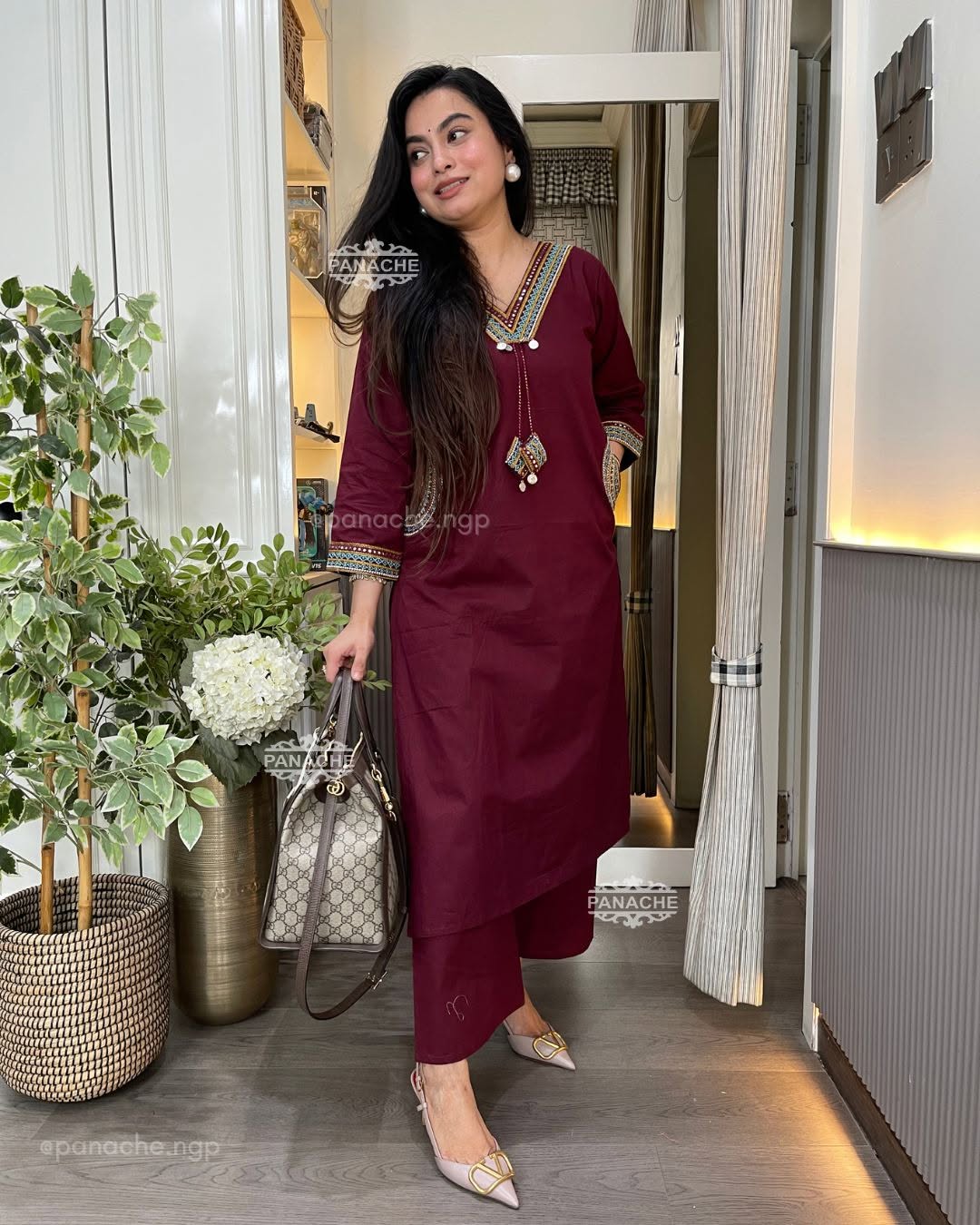 Wine Maroon Hand Work Cotton Kurta Pant Set | Ethnic Neck Embroidery