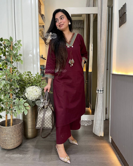 Wine Maroon Hand Work Cotton Kurta Pant Set | Ethnic Neck Embroidery