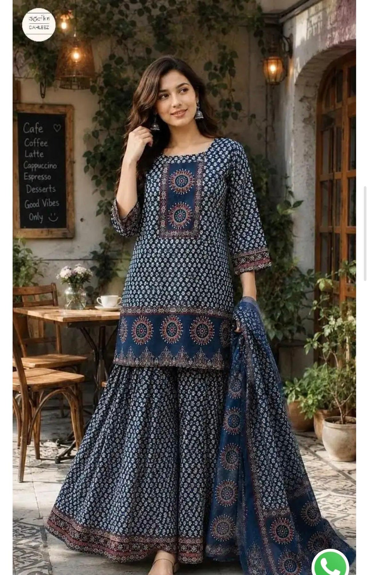 Navy Blue Cotton Printed Gopi Sharara Set | Ajrakh Print Kurti with Dupatta