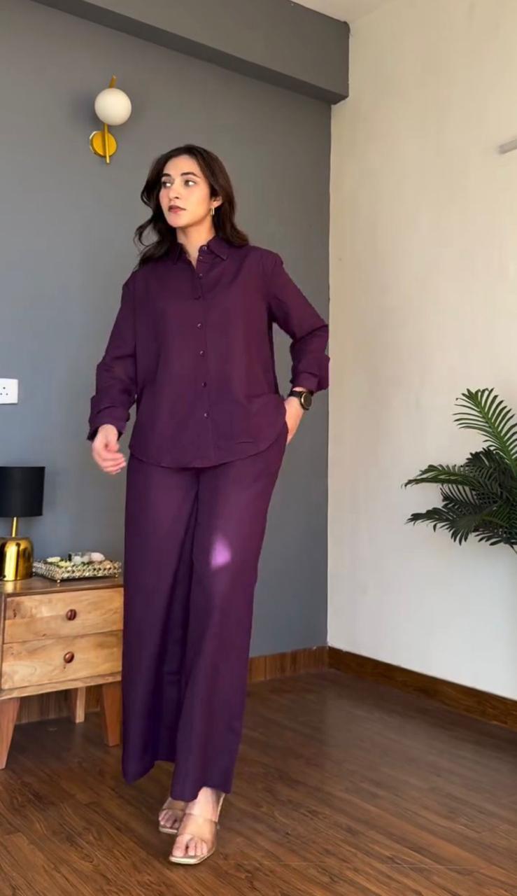 Deep Purple Pure Cotton Coord Set | Shirt & Wide Leg Pant |