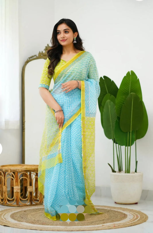 Sky Blue Yellow Kota Doriya Saree | Hand Block Printed  (MVKS43)