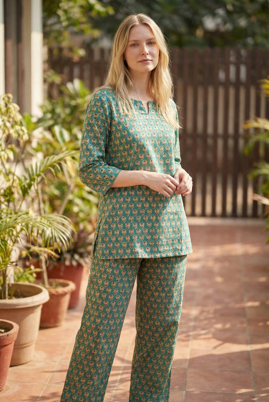 Teal Green Cotton Night Suit for Women | Stylish Printed Set (MVNS54)