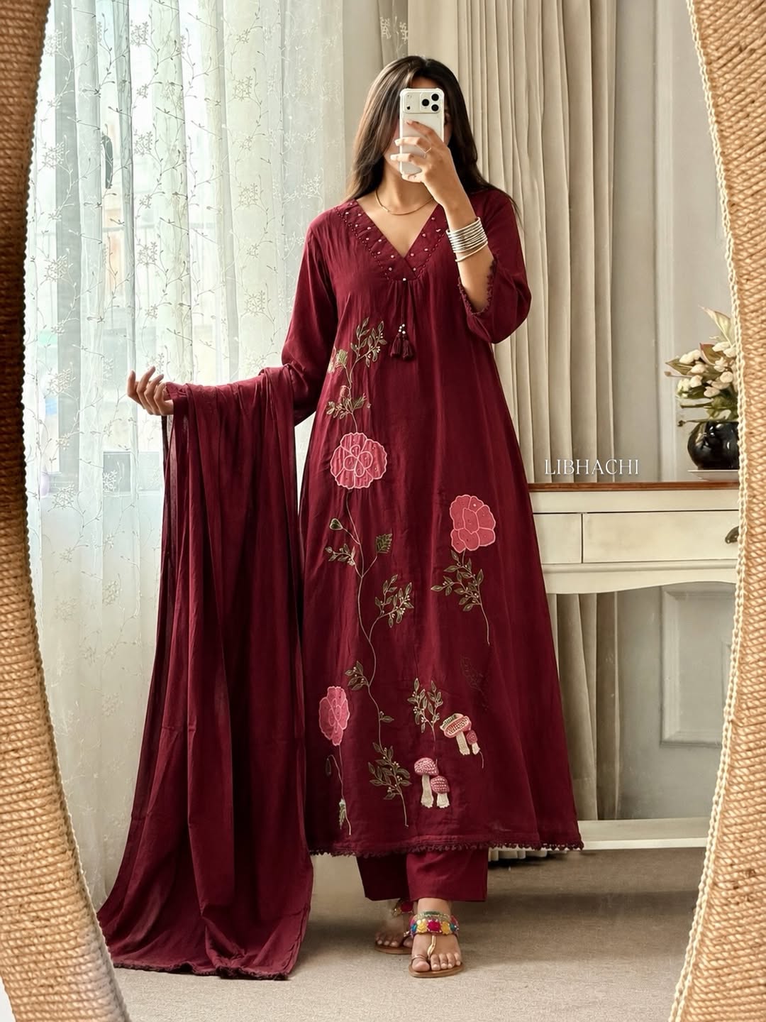 Maroon Cotton A-Line Kurta Set with Floral Hand Embroidery & Mulmul Dupatta