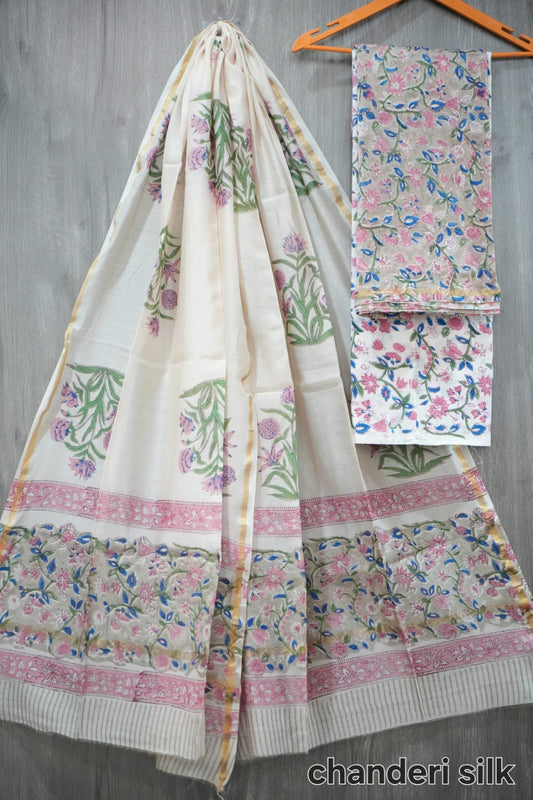 White & Pink Tropical Floral Hand Block Print Chanderi Silk Dress Material (MVCHS38)