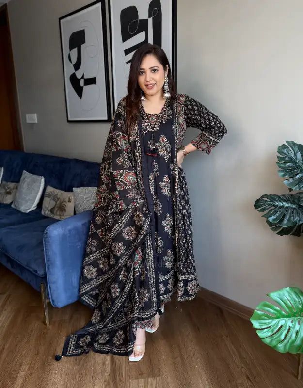 Black Ajrakh Print Anarkali Suit Set for Women