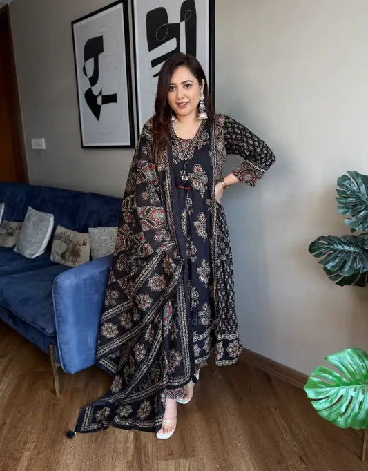 Black Ajrakh Print Anarkali Suit Set for Women