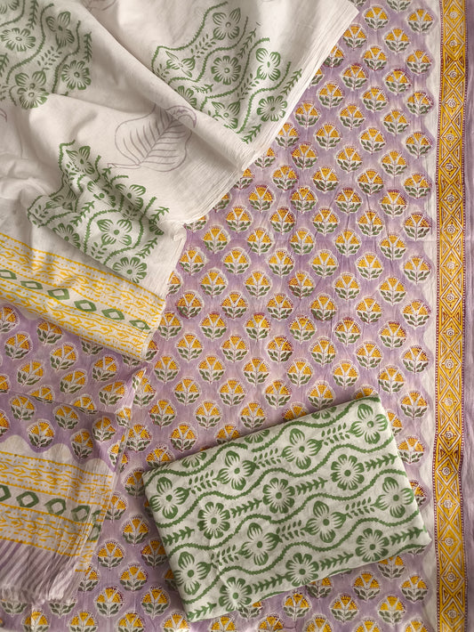 Green Lavender Hand Block Printed Cotton Suit Set Unstitched (MVCOT24)
