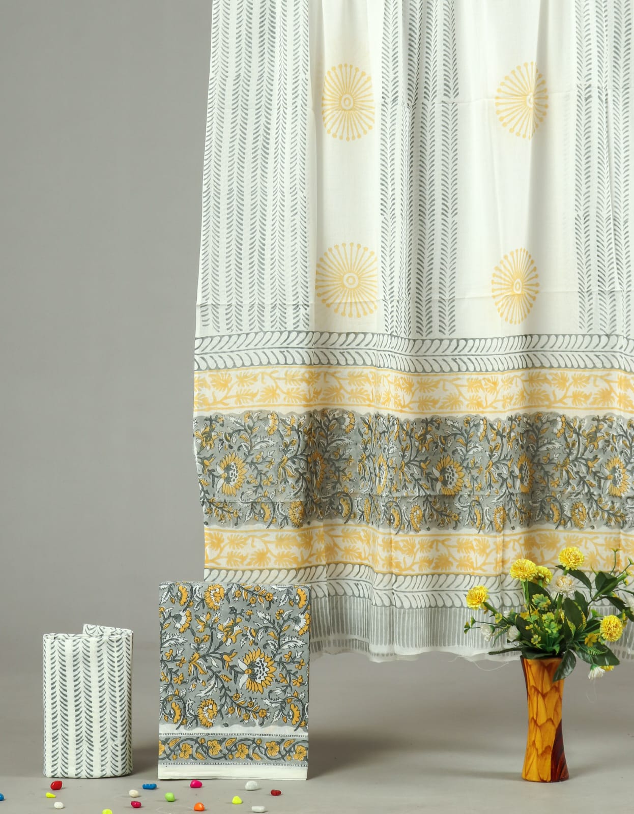 Yellow Grey Printed Cotton Suit Set with Floral Border | Unstitched Dress Material (MVCOT74)