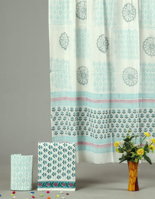 Sky Blue Hand Block Cotton Unstitched Suit Set with Printed Dupatta (MVCOT36)