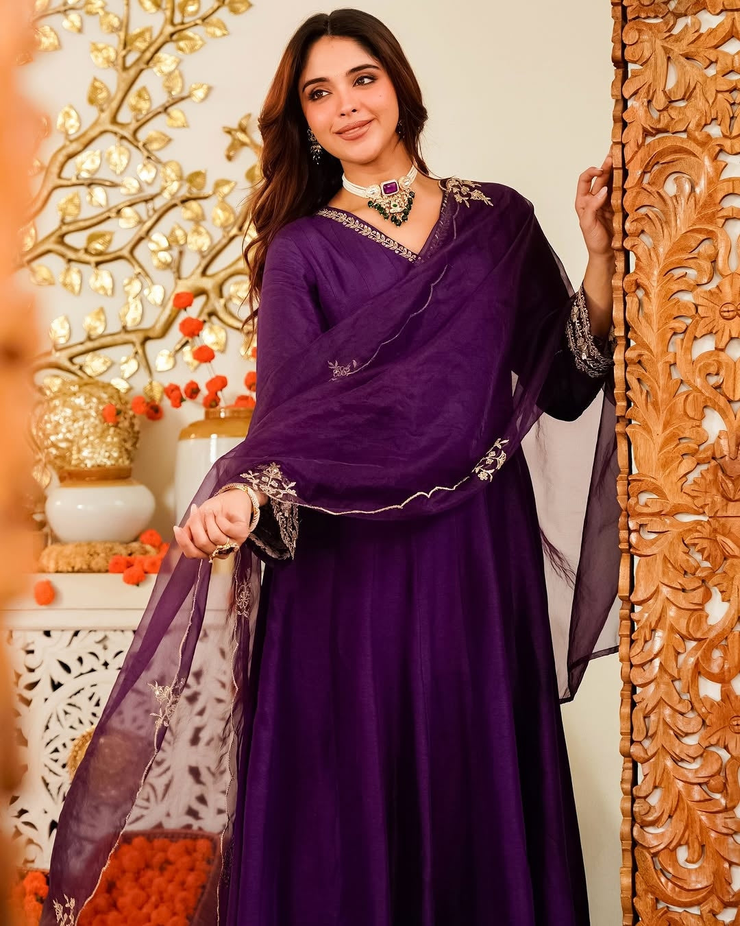 Purple Chinon Silk Anarkali Kurti Pant Dupatta Set for Women