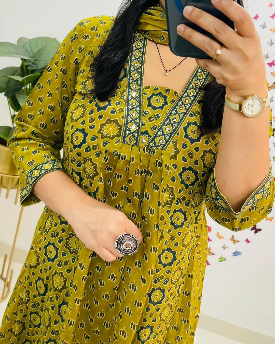 Olive Green Cotton Kurti Pant Dupatta Set