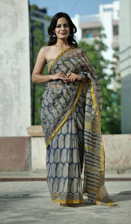 Indigo Grey Blue Kota Doriya Saree | Large Boota Hand Block Print | Mustard Zari Border (MVKS57)
