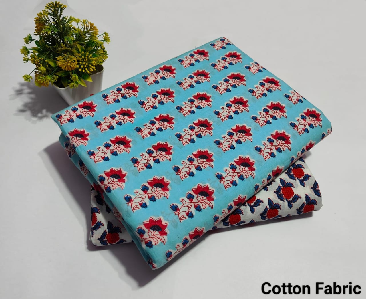 Sky Blue Floral Printed Top & Bottom Suit Set – Elegant Cotton Suit Material (MVTB34)