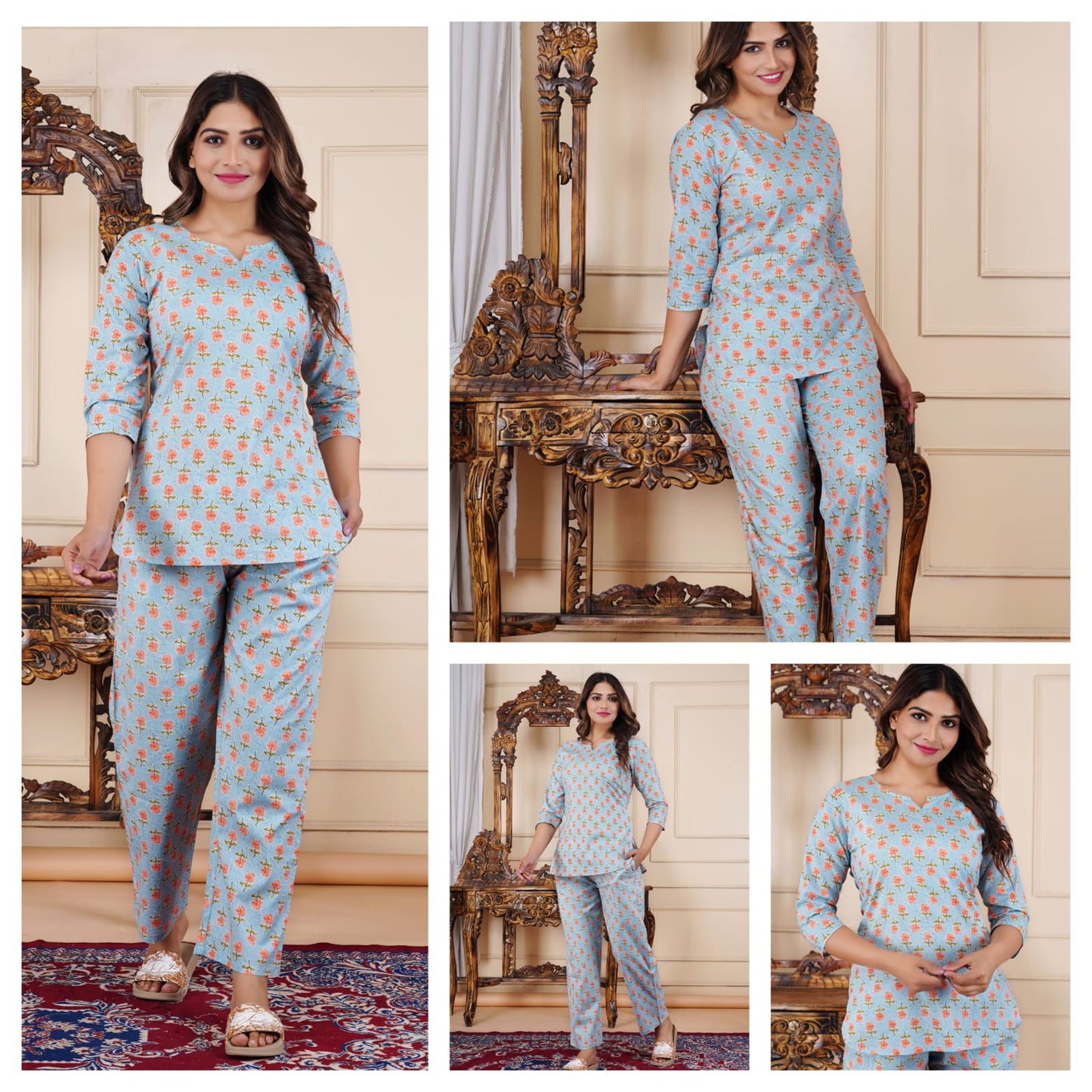 Light Blue Floral Cotton Night Suit for Women | Trendy Sleepwear (MVNS33)