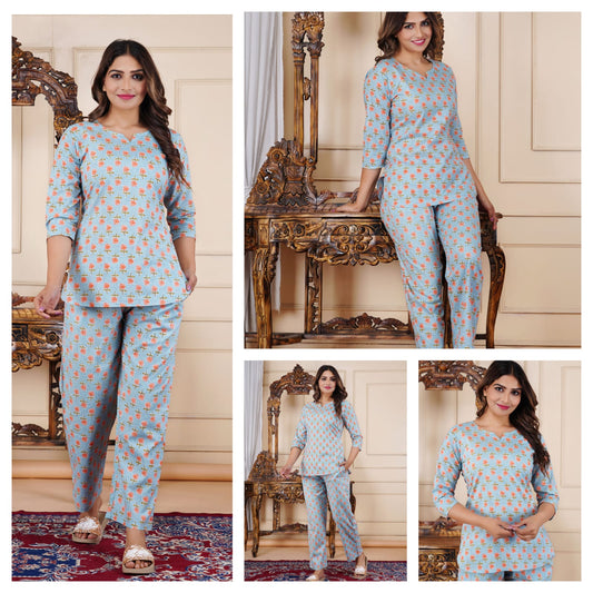 Light Blue Floral Cotton Night Suit for Women | Trendy Sleepwear (MVNS33)
