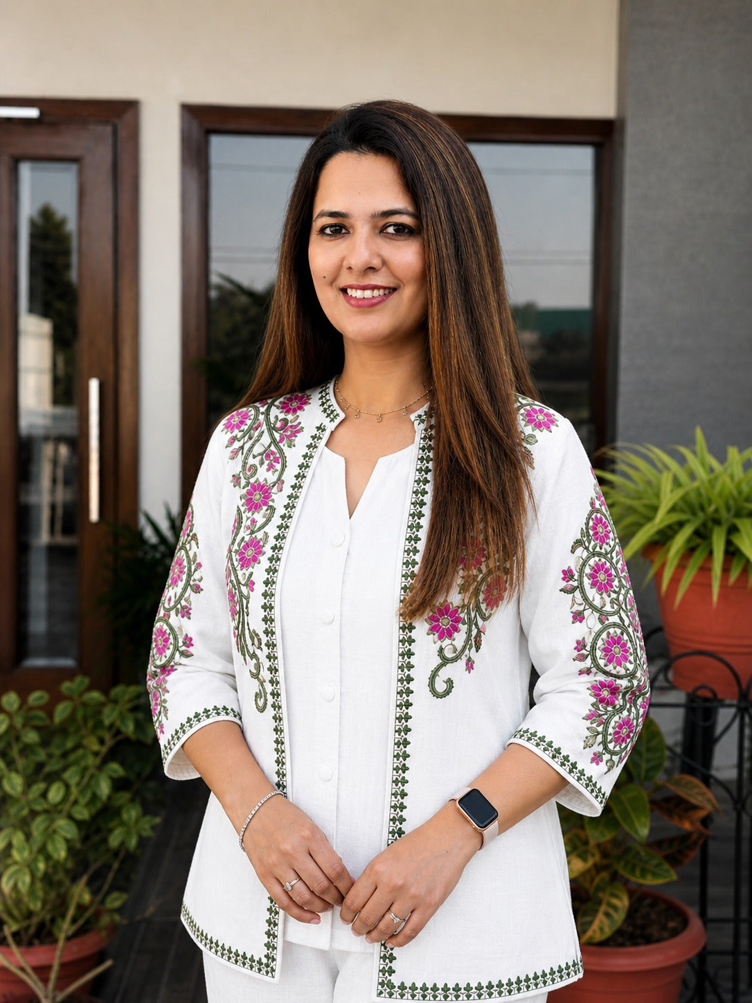White Cotton Flex 3-Piece Embroidered Jacket Set