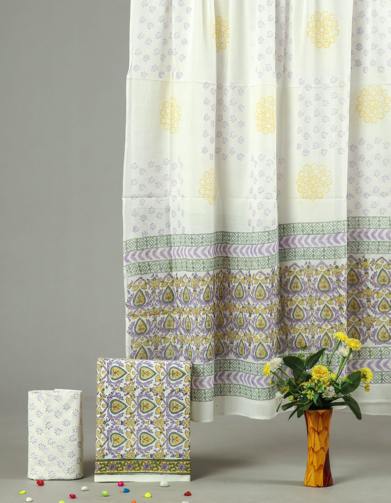 White Multicolor Hand Block Printed Cotton Unstitched Suit Set with Dupatta (MVCOT56)