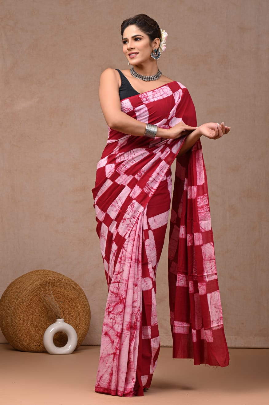 Red Tie-Dye Cotton Saree with Blouse | Stylish Casual (MVCS60)