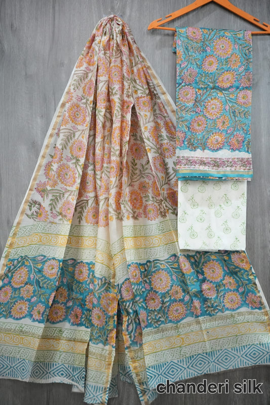 Sky Blue & Pink Floral Hand Block Print Chanderi Silk Dress Material(MVCHS02)