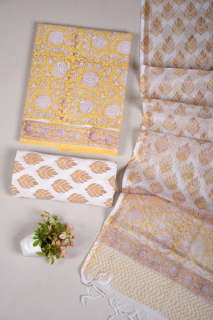 Sunshine Yellow Mughal Tulip & White Leaf Hand Block Printed Cotton Suit with Kota Doria Dupatta | Pigment Print (MVCOTKD13)