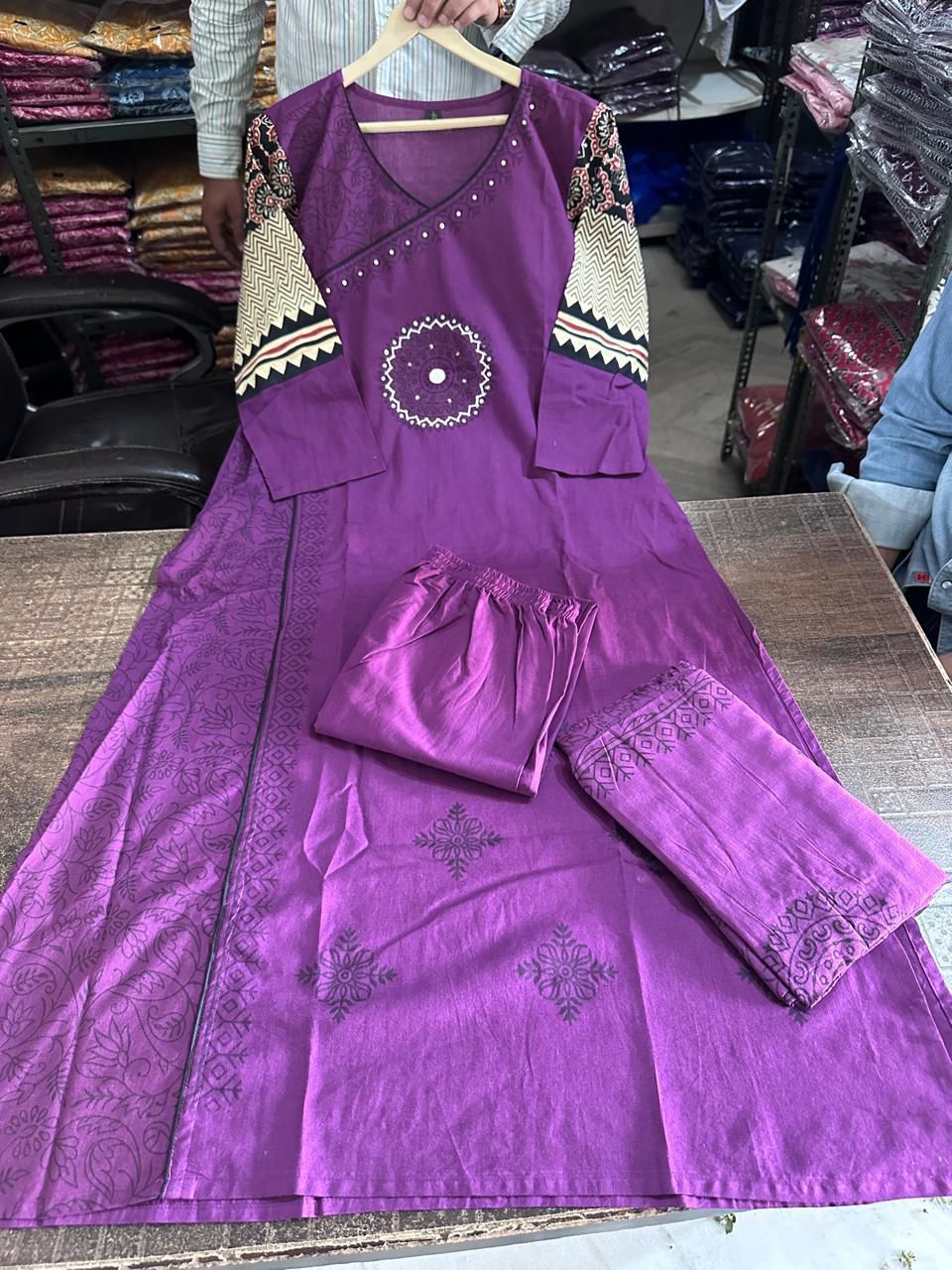 Royal Purple Cotton Kurti Pant Dupatta Set for Women