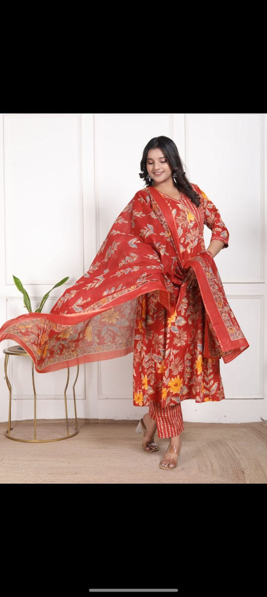 Red Floral Printed Cotton Kurti Pant Dupatta Set for Women