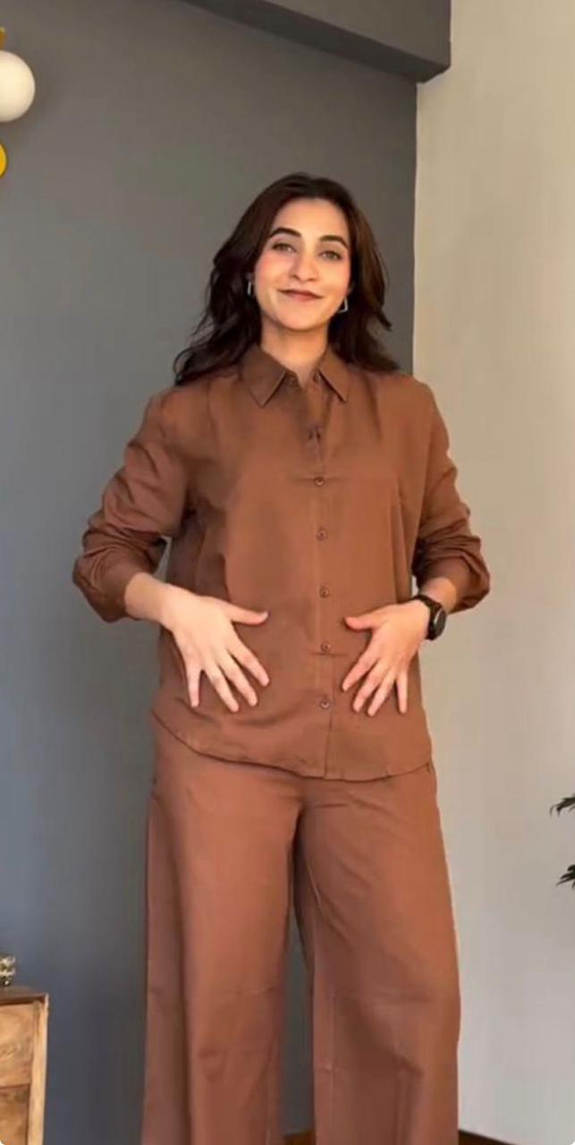 Choco Brown Pure Cotton Coord Set | Shirt & Wide Leg Pant