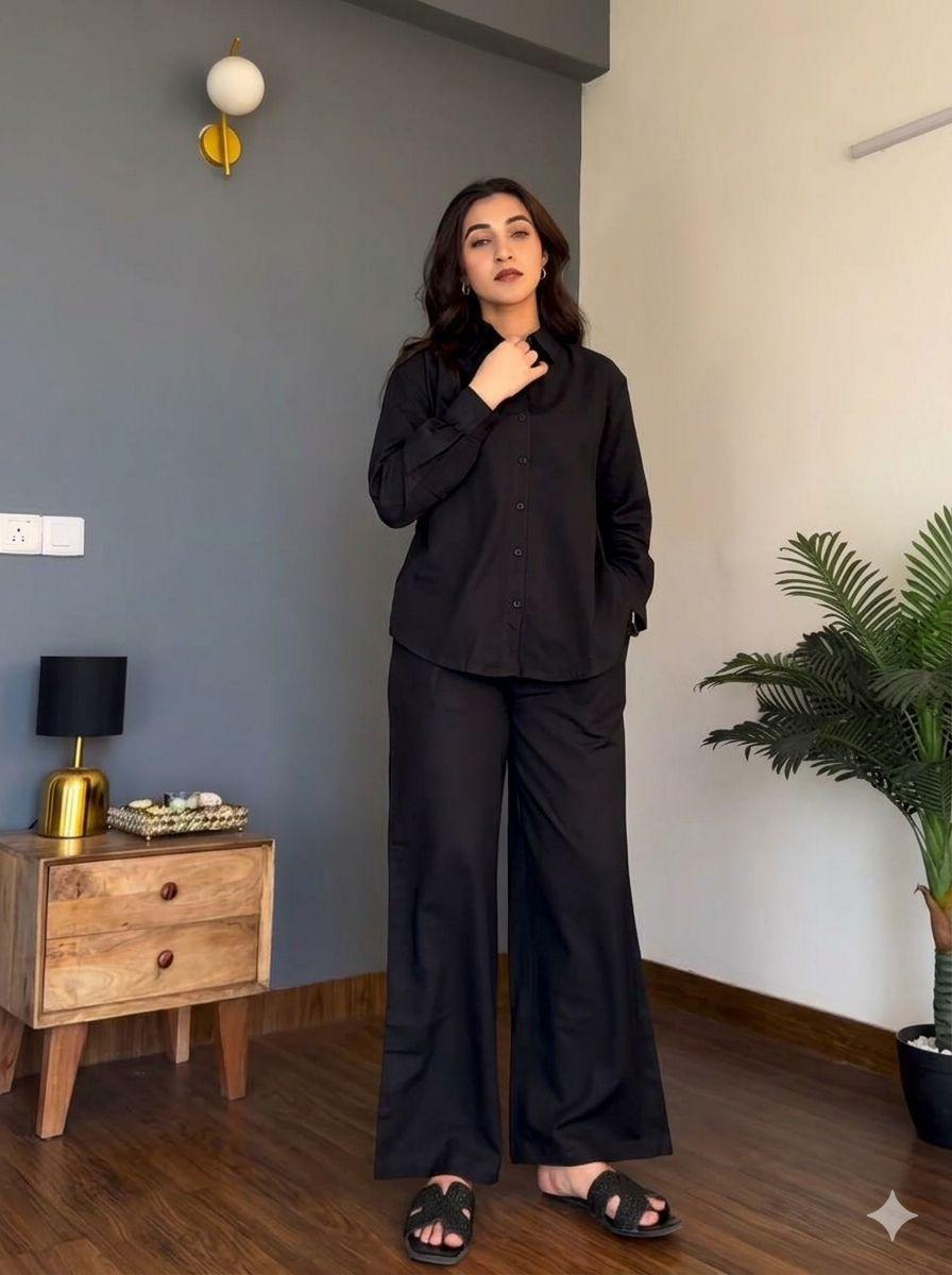 Black Pure Cotton Coord Set | Shirt & Wide Leg Pant