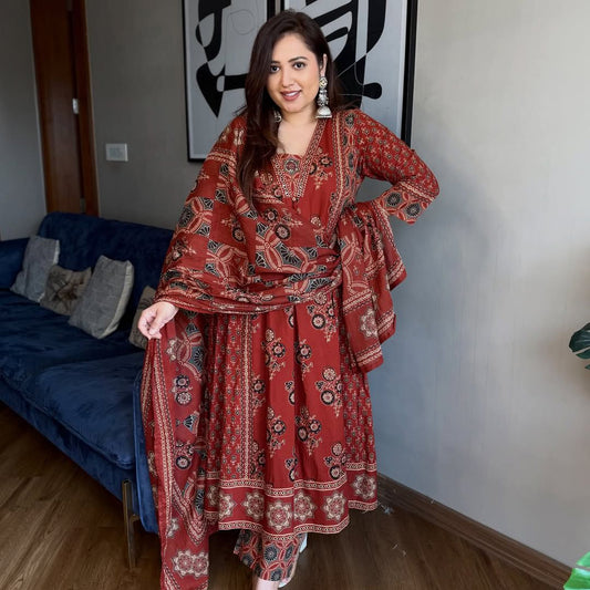 Red Ajrakh Print Anarkali Suit Set for Women