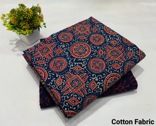 Navy Blue Ajrakh Print Cotton Fabric – Traditional Designer Material(MVTB55)
