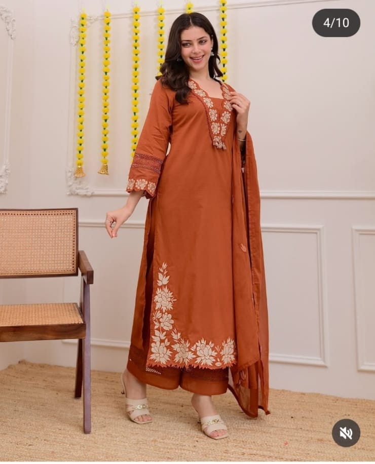 Rust Orange Embroidered Kurta Set for Women |