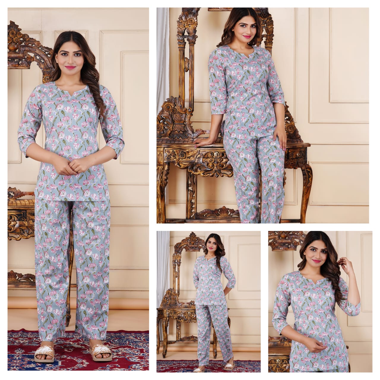 Grey Pink Floral Cotton Night Suit for Women | Soft Nightwear (MVNS19)