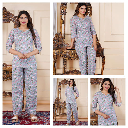 Grey Pink Floral Cotton Night Suit for Women | Soft Nightwear (MVNS19)