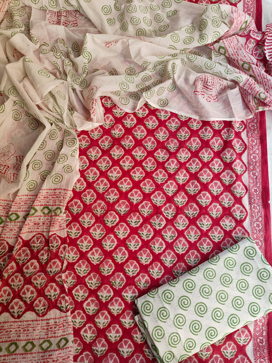 Red Hand Block Printed Cotton Suit Set with Dupatta | Ethnic Dress Material (MVCOT82)