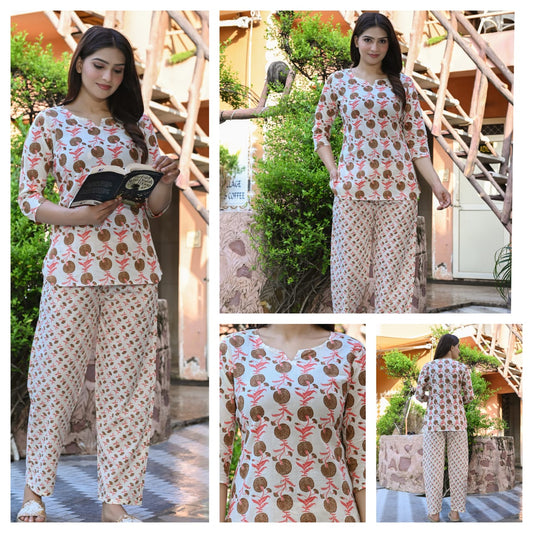 Off White Printed Cotton Night Suit for Women | Stylish Nightwear (MVNS29)
