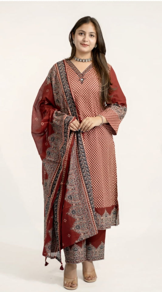 Maroon Heavy Cotton Printed Kurti Pant Dupatta Set
