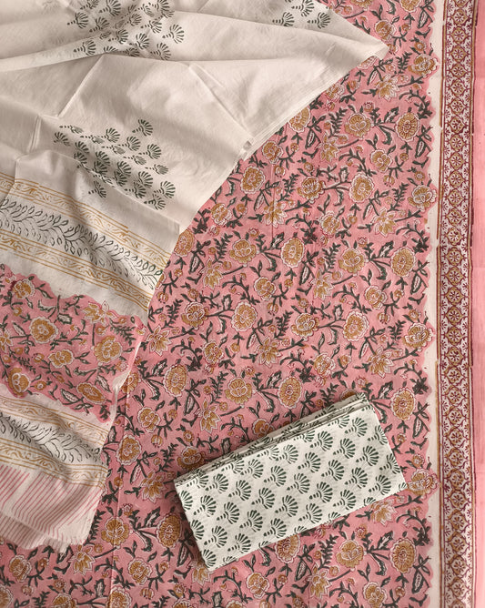 Peach Green Hand Block Print Cotton Suit Set | Floral Designer Wear (MVCOT06)