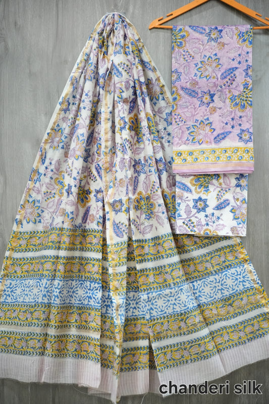 Lilac Purple & Blue Floral Hand Block Print Chanderi Silk Suit Material|(MVCHS05)
