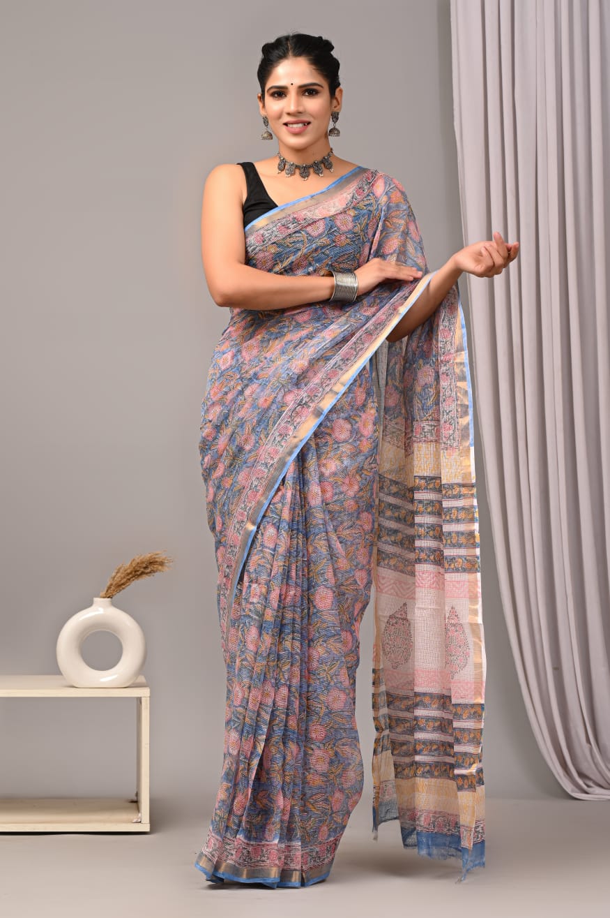Powder Blue Kota Doriya Saree | Dense Floral Jaal Hand Block Print (MVKS63)