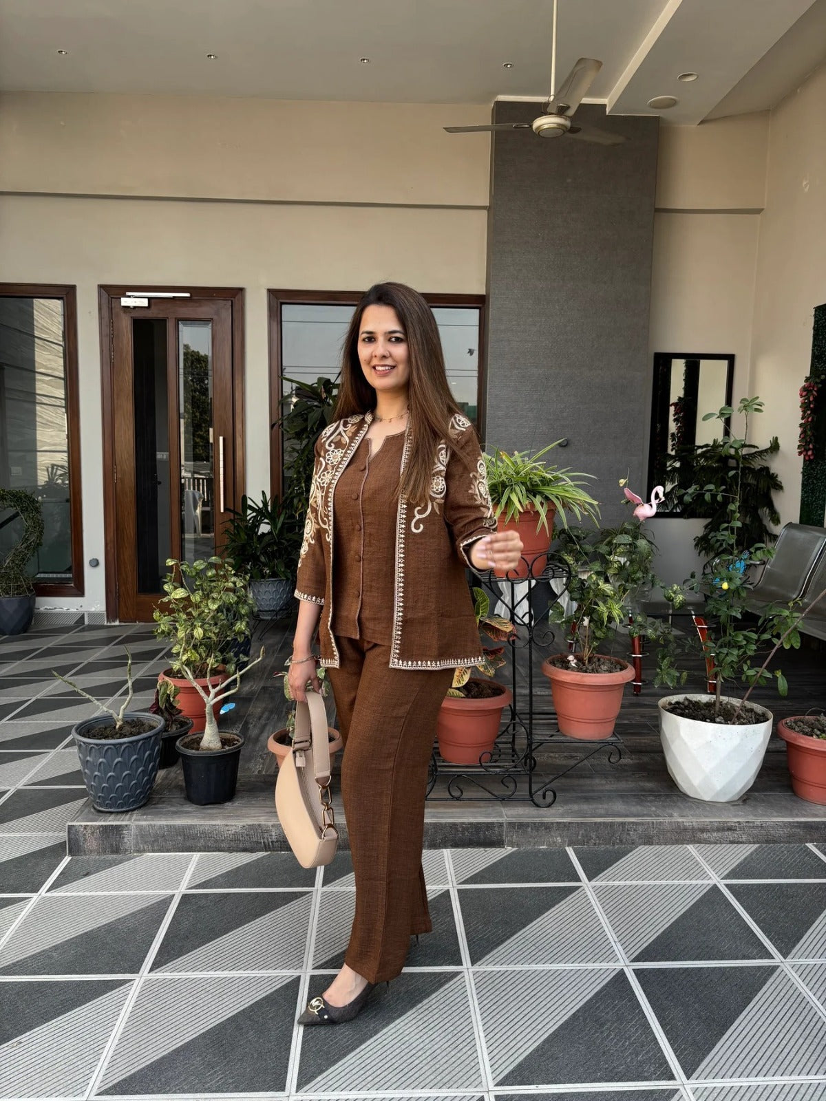 Brown Cotton Flex 3-Piece Embroidered Jacket Set
