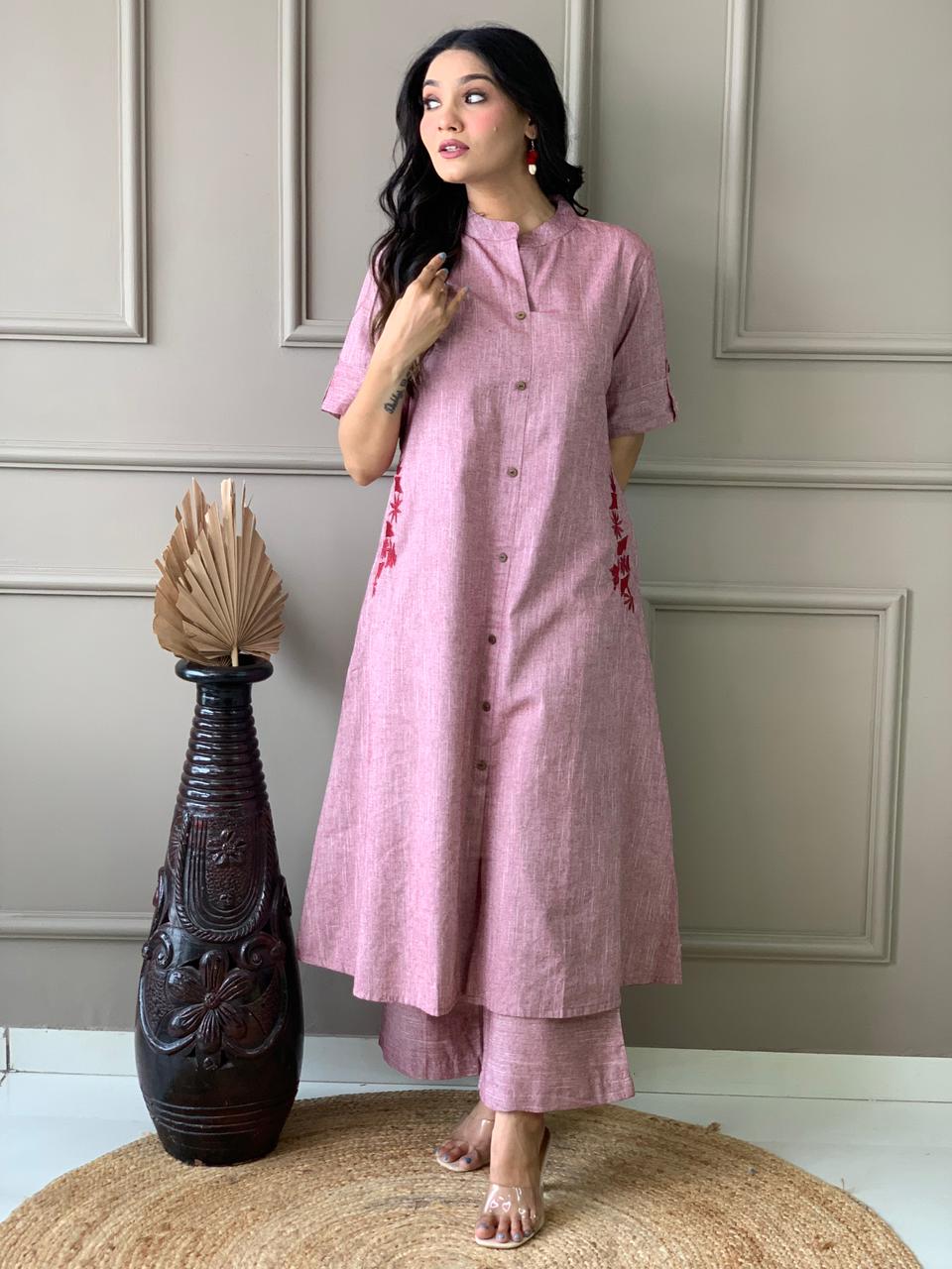 Stylish Pink South Cotton Kurta Set with Hand Embroidery | A-Line Cotton Plazo Set for Women
